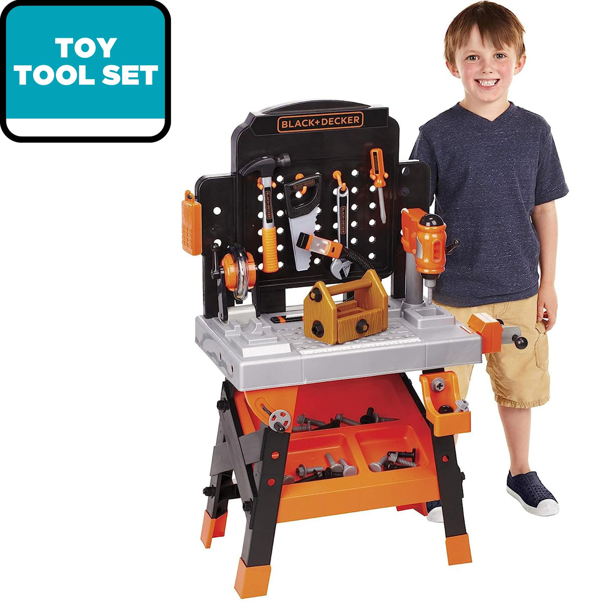 Black+Decker Workbench with realistic miter saw and drill press fosters pretend construction.