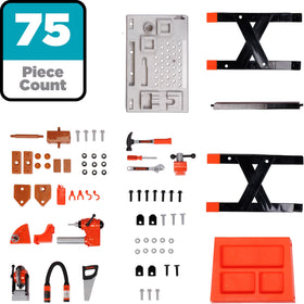 Black+Decker Workbench storage trays and hooks help organize parts during playtime.