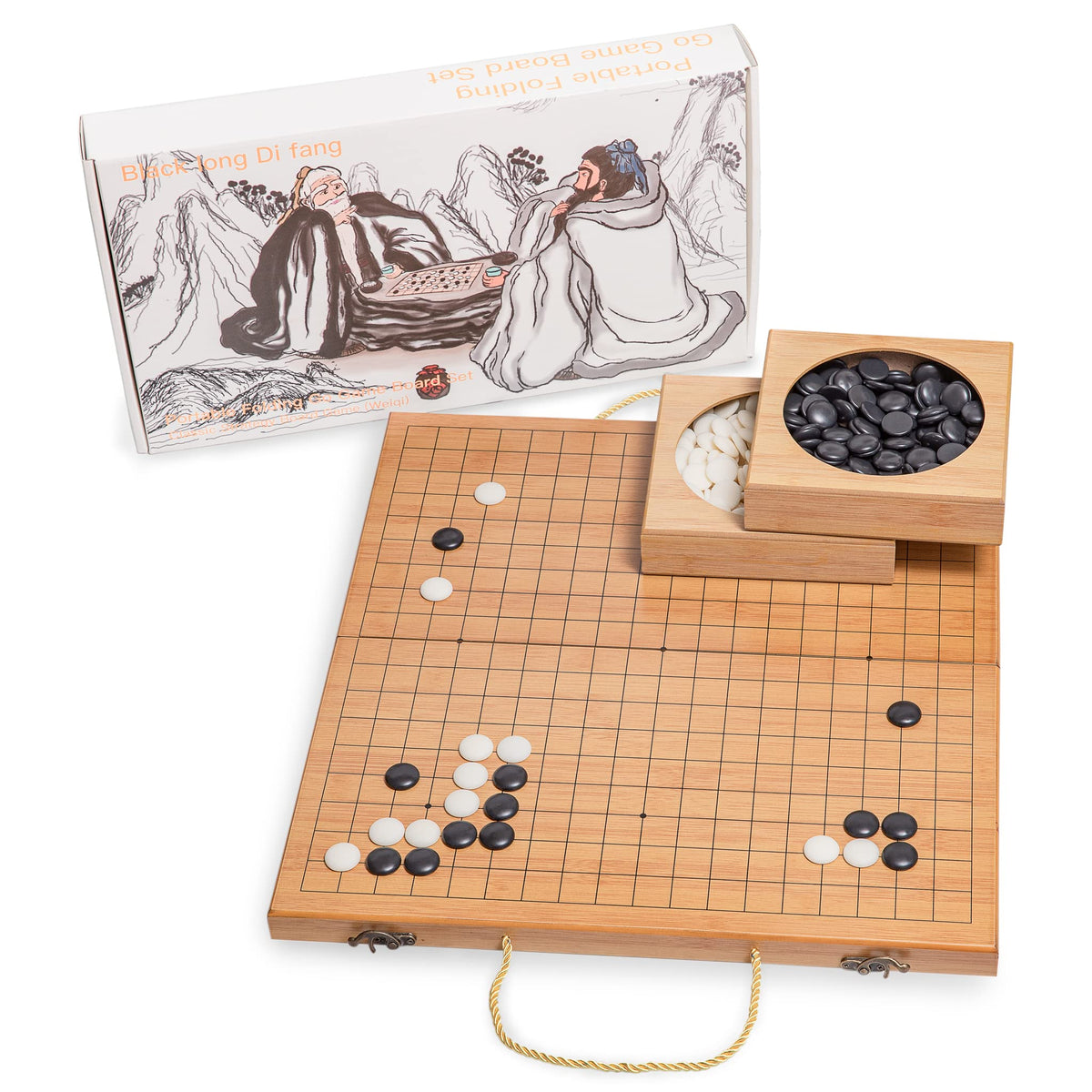 Black Long Di Fang folding Go board for portable play on trips.