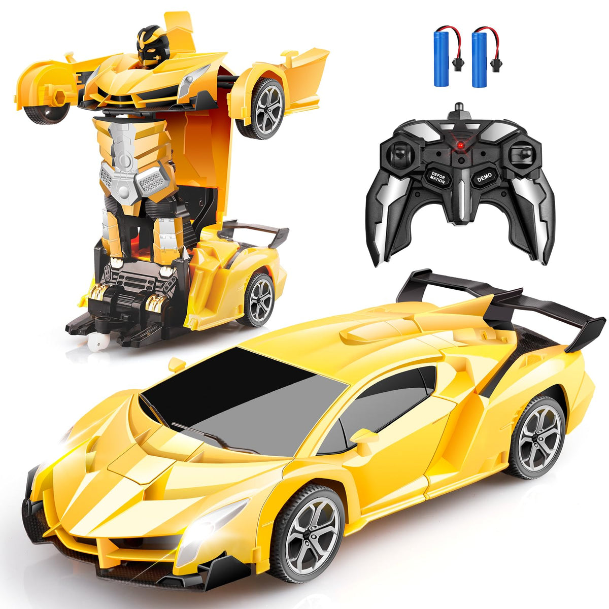 Blackma Transform RC Car yellow front view, ideal for indoor play and imaginative racing