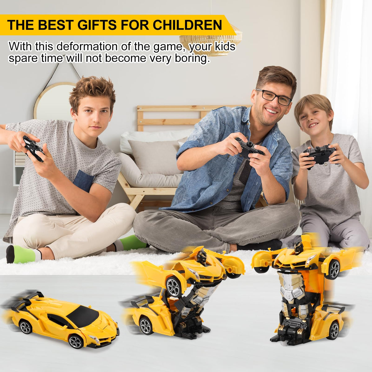 Blackma Transform RC Car yellow robot mode, shows versatile two-in-one transformation