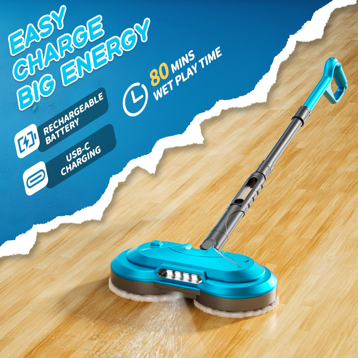 BLAXTEM Kids Electric Spray Spin Mop blue battery charging view for extended play