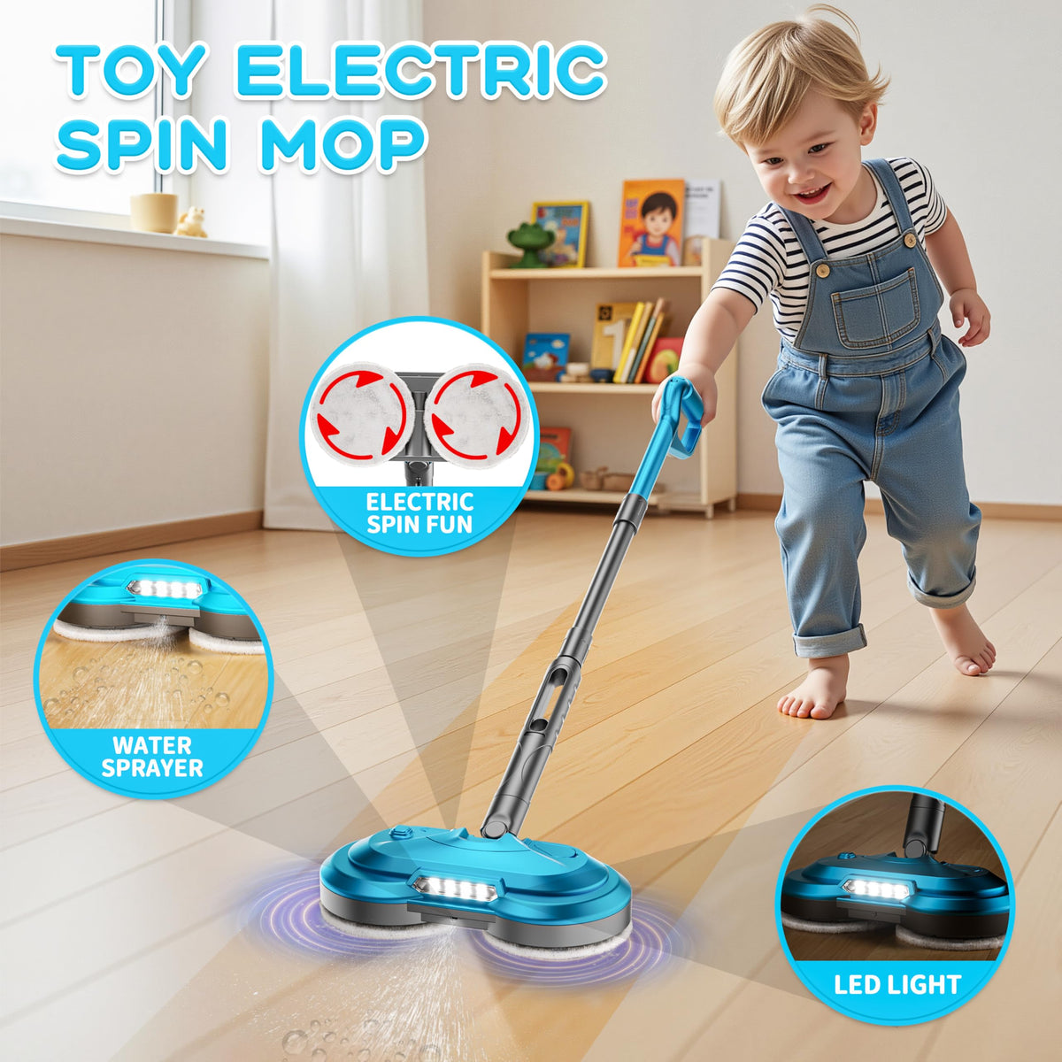 BLAXTEM Kids Electric Spray Spin Mop blue side view highlighting cordless mobility
