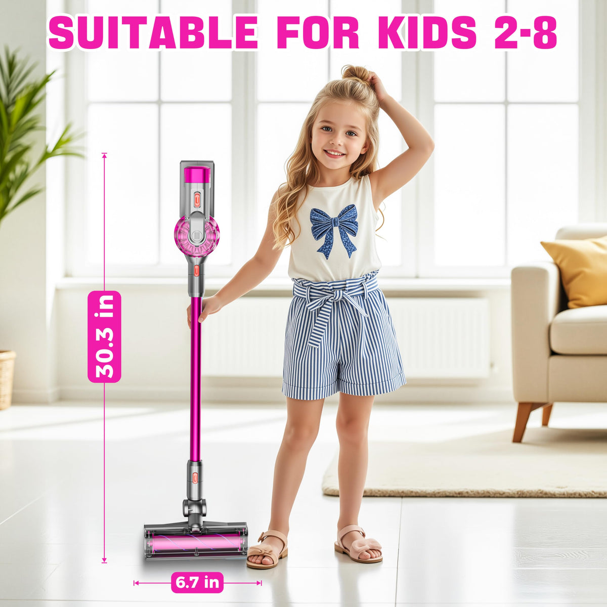 BLAXTEM extension tube enables reach for pretend spills during pretend cleaning.