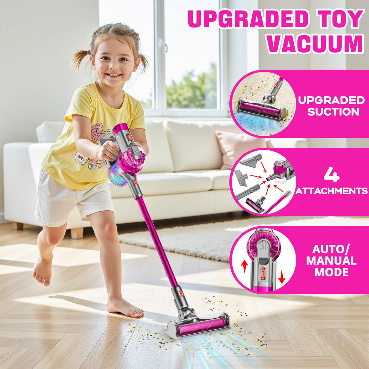 BLAXTEM toy vacuum suction feature demonstrates gentle debris pickup during play.