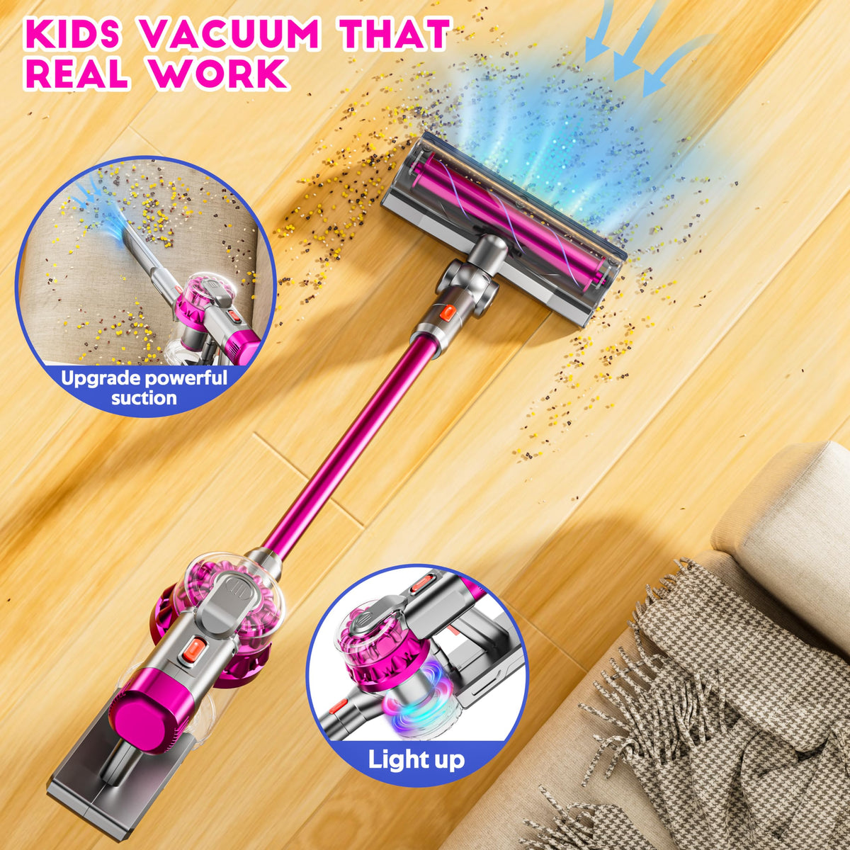 BLAXTEM 4-in-1 kids vacuum heads and attachments enable versatile pretend cleaning.