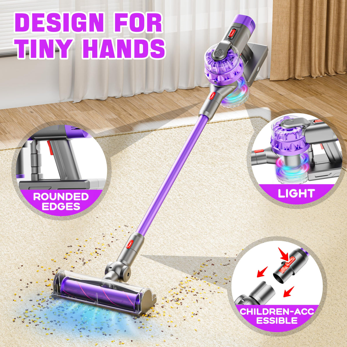 BLAXTEM 4-in-1 toy vacuum dusting attachment supports gentle cleanup of small debris.