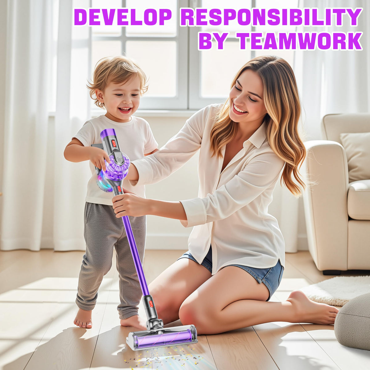 BLAXTEM 4-in-1 toy vacuum wide-mouth attachment for spotting bigger crumbs during playtime.
