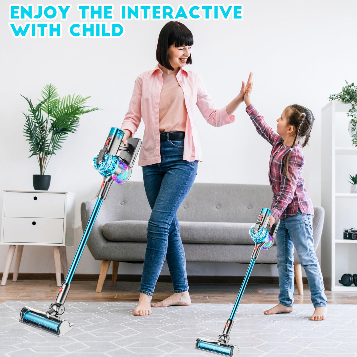 Suction sounds and lights enhance realism during play