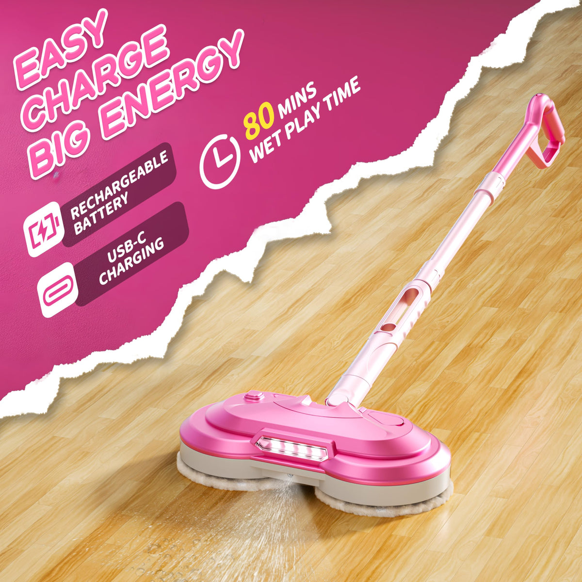 BLAXTEM LED headlights light up the mop toy for realistic, imaginative chore play.