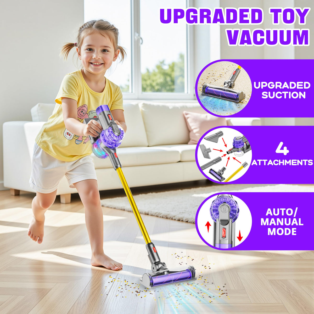 BLAXTEM toy vacuum with suction lights and sound demonstrating kid-friendly operation