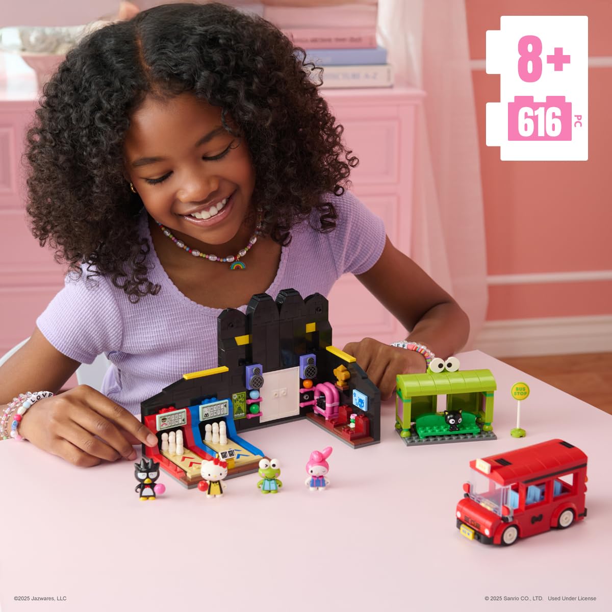 BLDR Hello Kitty bus and Keroppi stop support dynamic travel-themed play.
