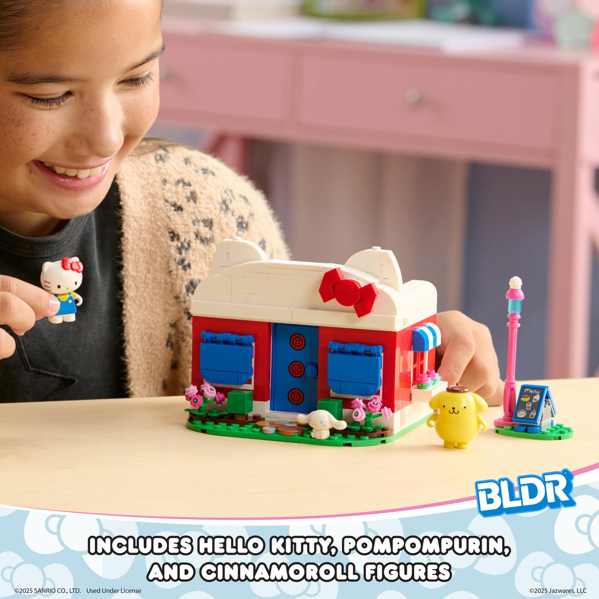BLDR Hello Kitty, Cinnamoroll, and Pompompurin minifigs for cafe role-play.