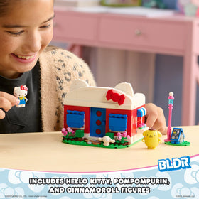 BLDR Hello Kitty, Cinnamoroll, and Pompompurin minifigs for cafe role-play.