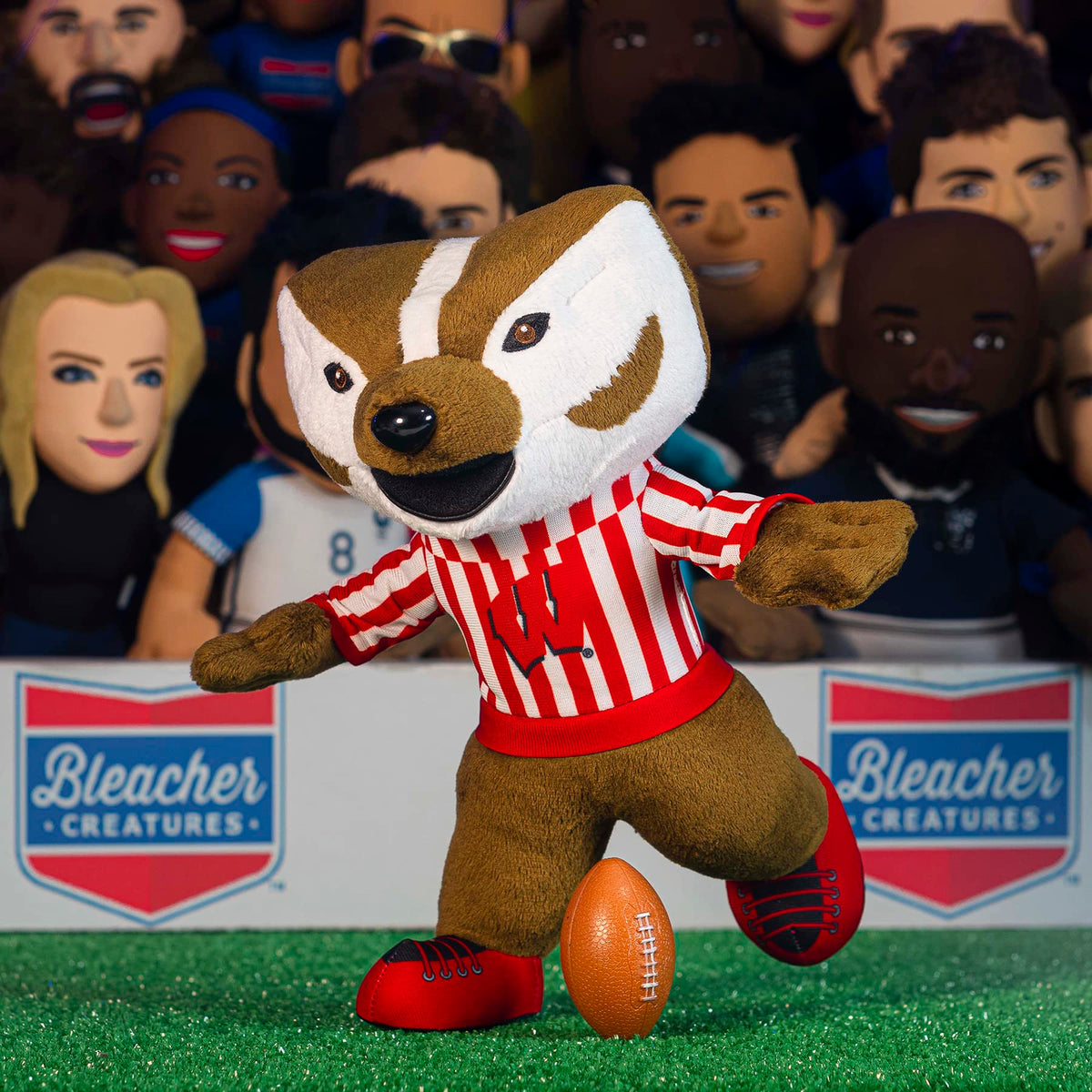 Bleacher Creatures Bucky Badger plush stands on its own for easy display.