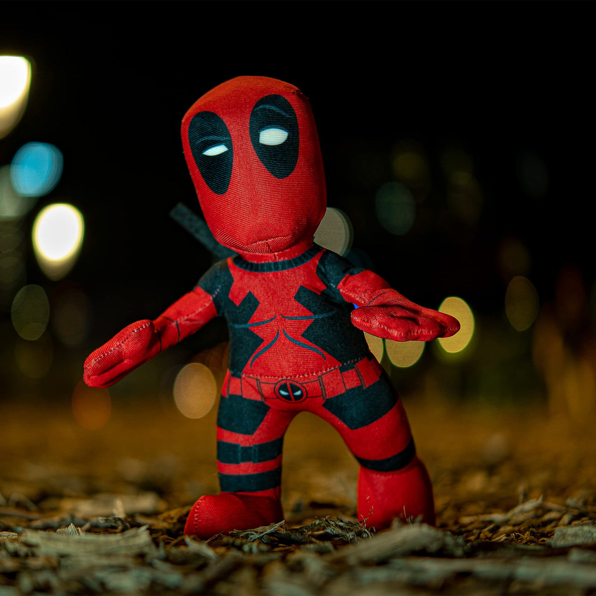 Bleacher Creatures Deadpool plush pose-display ideal for shelf or desk.