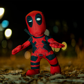 Bleacher Creatures Deadpool plush pose-display ideal for shelf or desk.