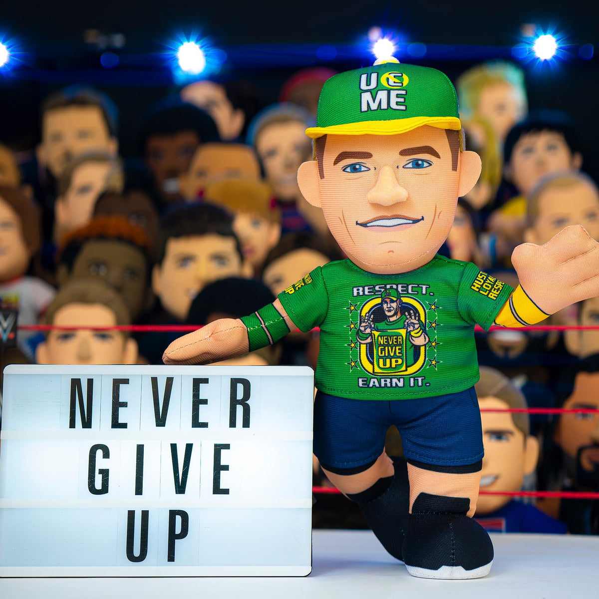 Bleacher Creatures John Cena plush for display poses and social media photos.