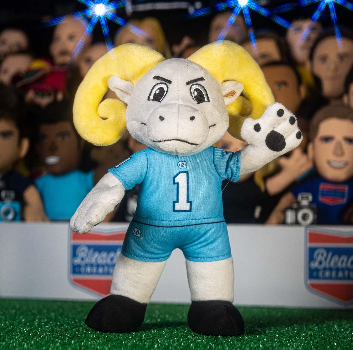 Close-up of sublimated Tar Heels logos on the Bleacher Creatures plush