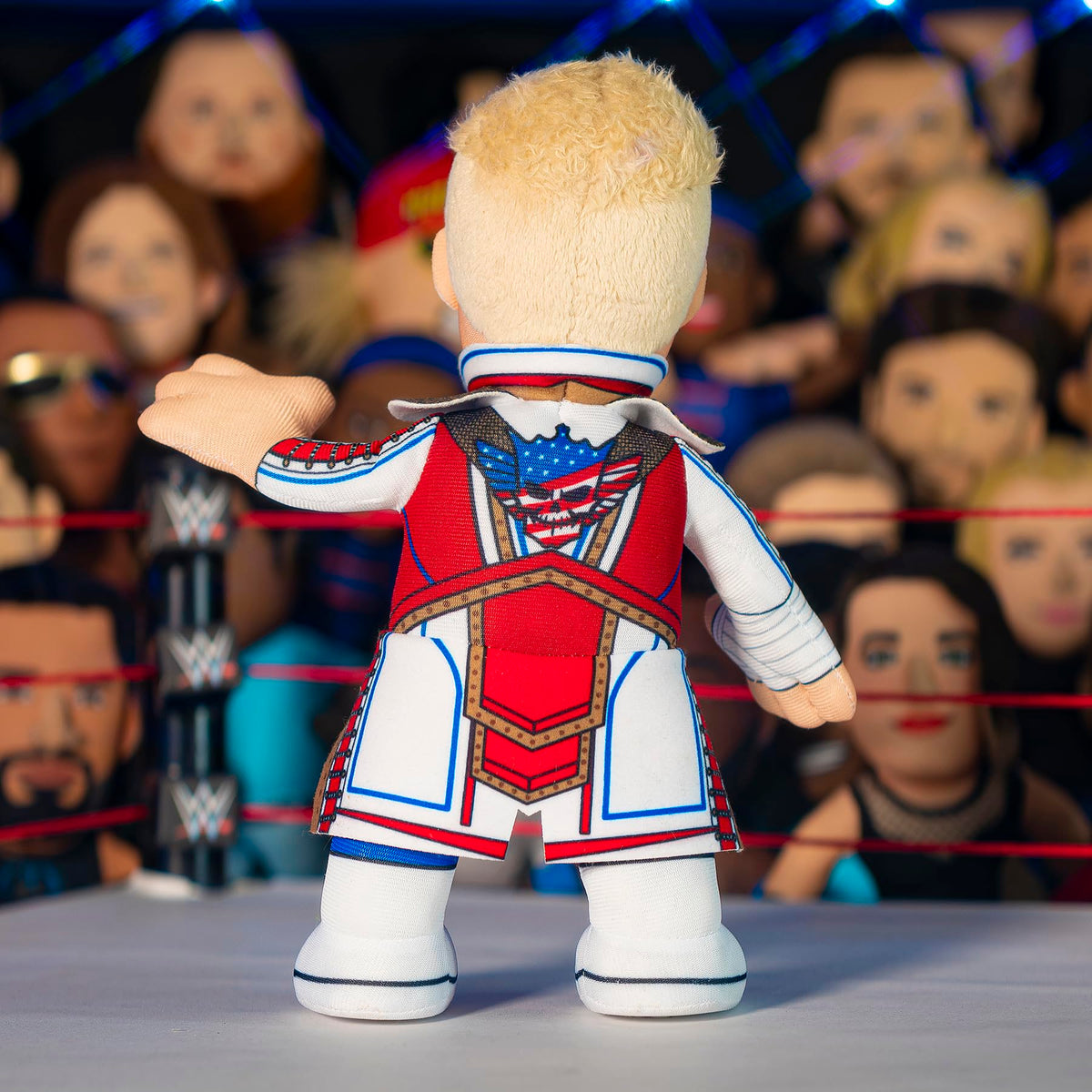 Bleacher Creatures Cody Rhodes 10-inch plush in-hand, ideal for interactive play and display.