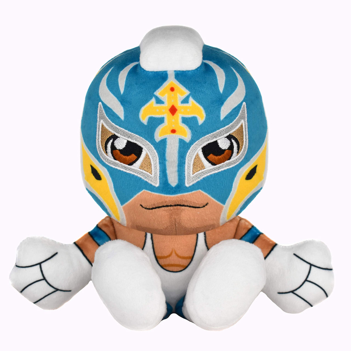 Bleacher Creatures Rey Mysterio Kuricha 8-Inch plush in hero pose, ideal for display and collectability.