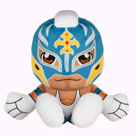 Bleacher Creatures Rey Mysterio Kuricha 8-Inch plush in hero pose, ideal for display and collectability.