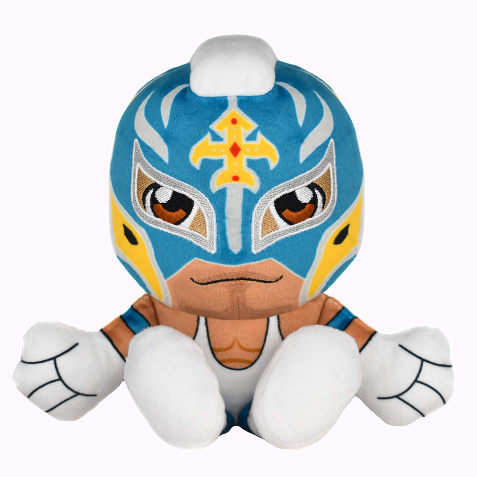 Bleacher Creatures Rey Mysterio Kuricha 8-Inch plush in hero pose, ideal for display and collectability.