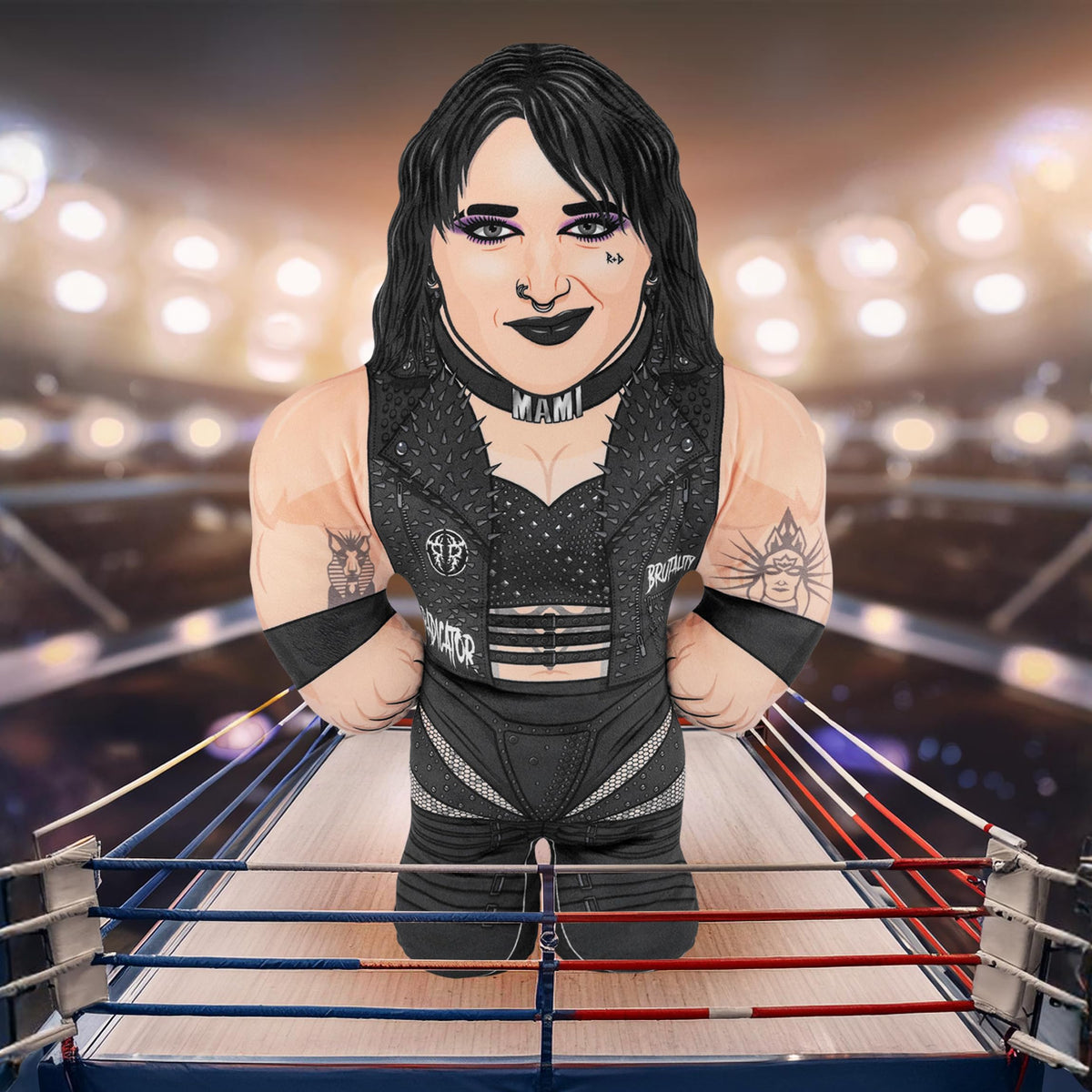Bleacher Creatures WWE Rhea Ripley 24-inch Bleacher Buddy face detail, vibrant sublimation captures likeness