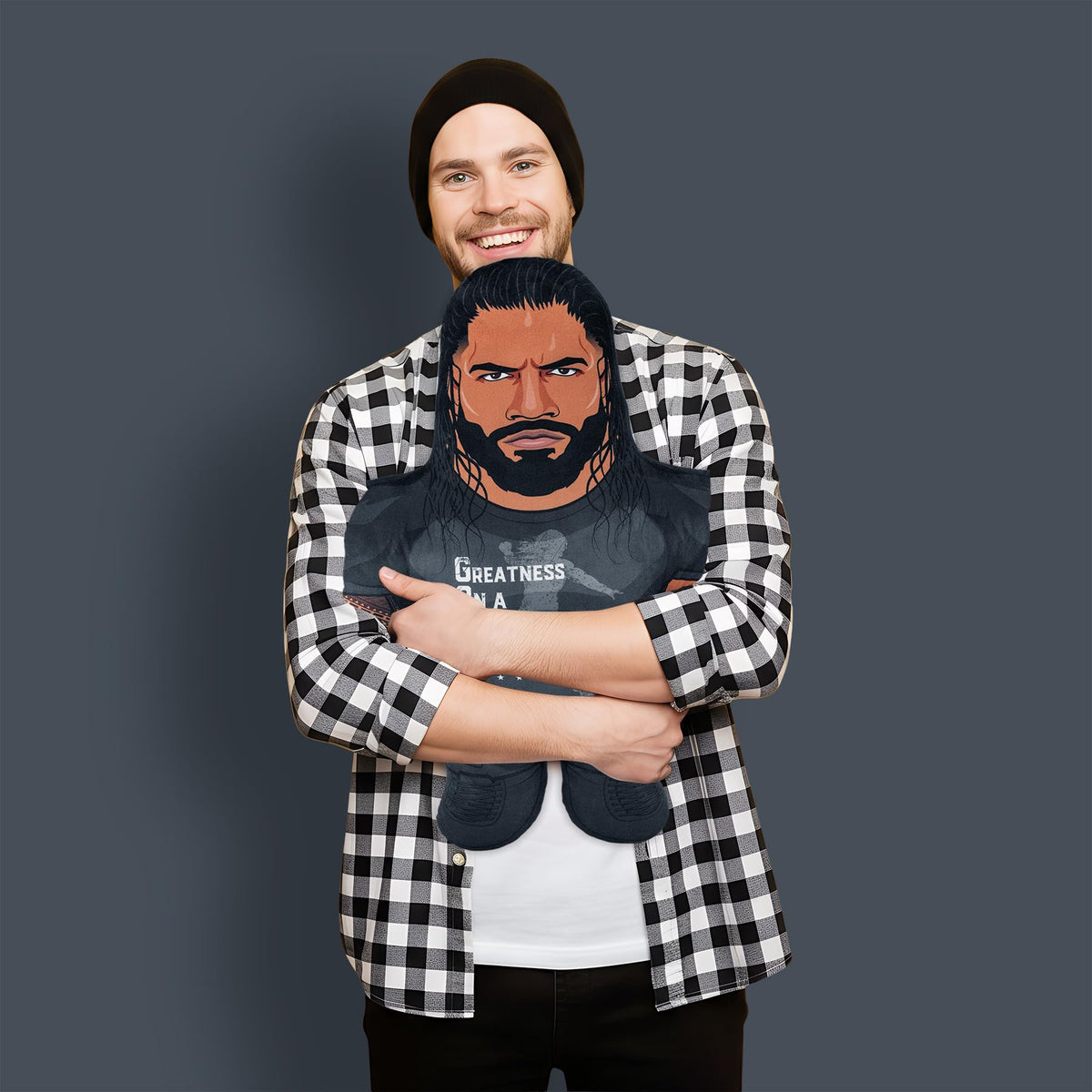 Bleacher Creatures WWE Roman Reigns 24-inch Bleacher Buddy detail embroidery adds realism.