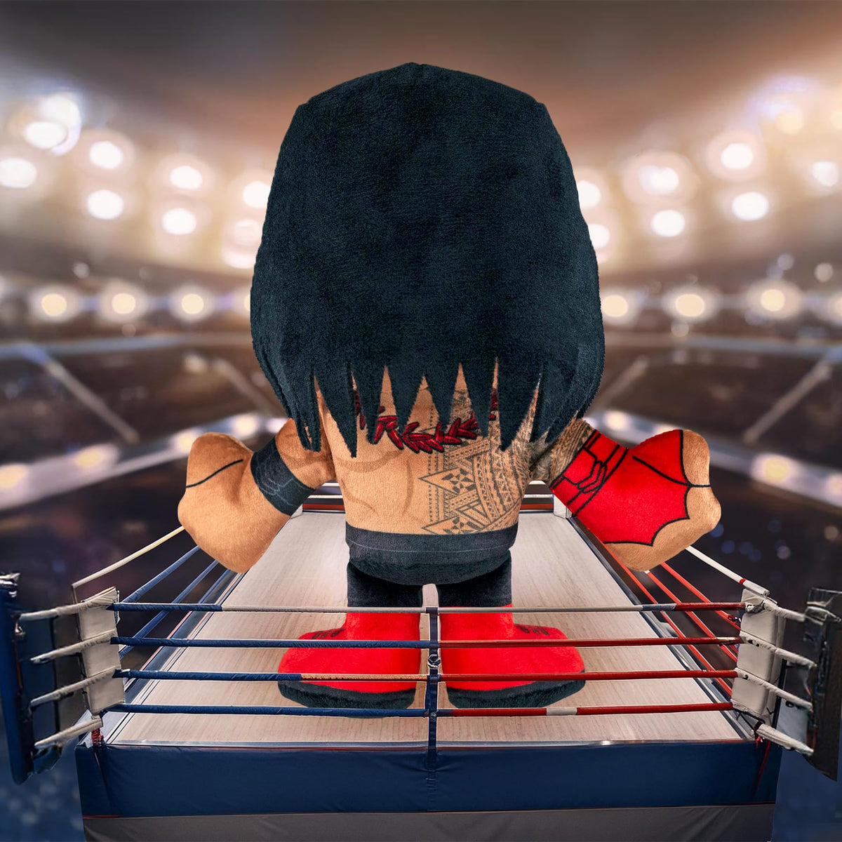 Bleacher Creatures Roman Reigns plush on shelf for collection display