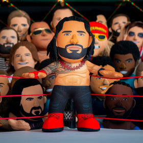 Bleacher Creatures Roman Reigns plush face detail highlights authentic features for fans.