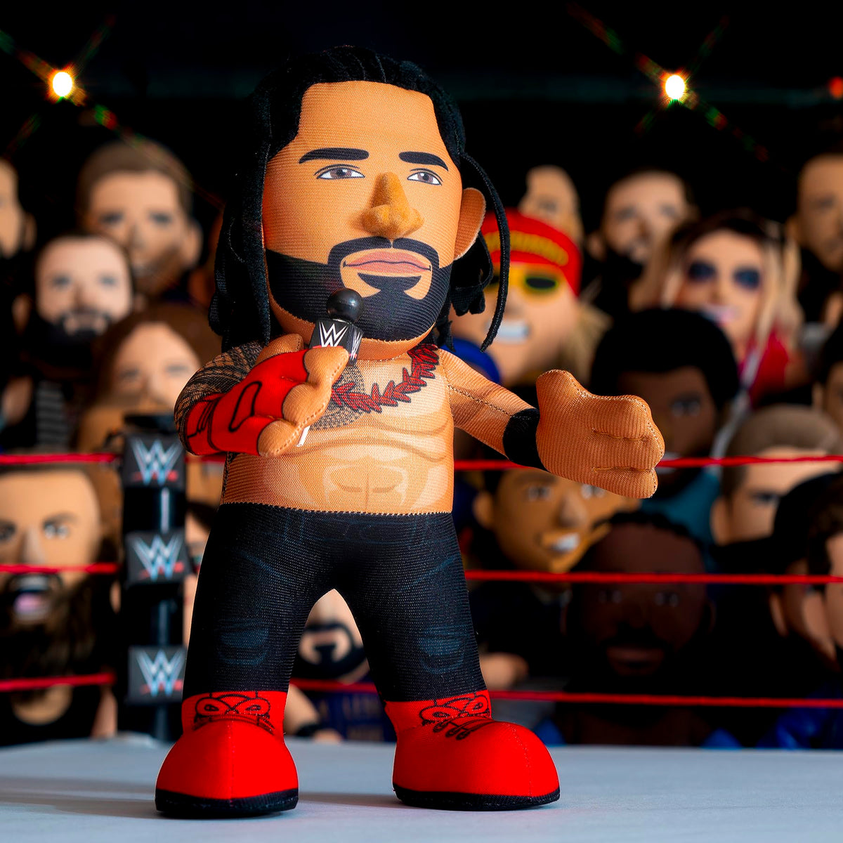 Bleacher Creatures WWE Roman Reigns plush stitching ensures durability during play.