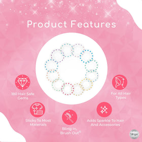 Gems adhere with a hair-safe adhesive to hair and many materials.