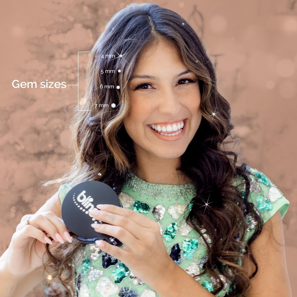 Hair-safe Blinger crystals applied to accessories without mess or heat.