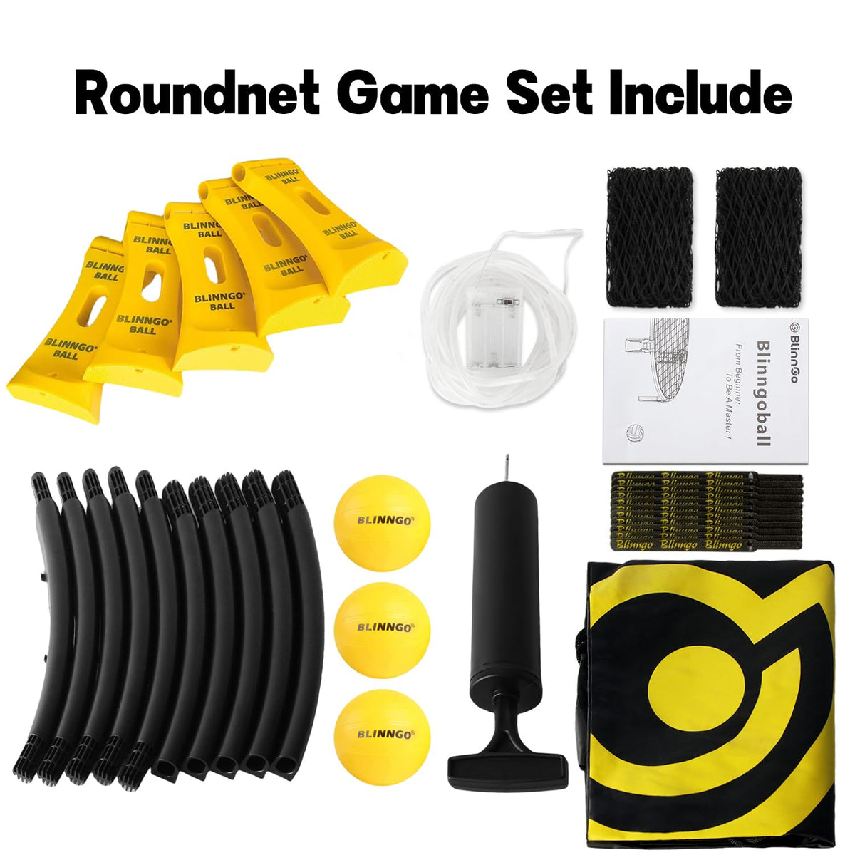 Blinngo roundnet frame and assembly showing quick setup for outdoor use