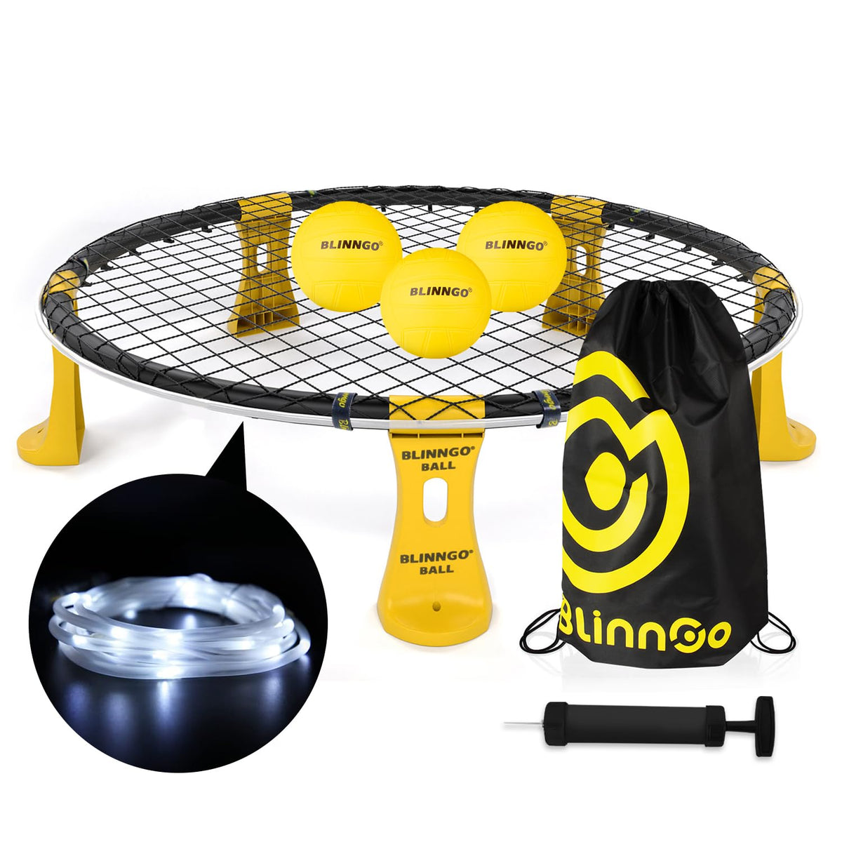 Blinngo Roundnet game set with three balls and strip light for night play