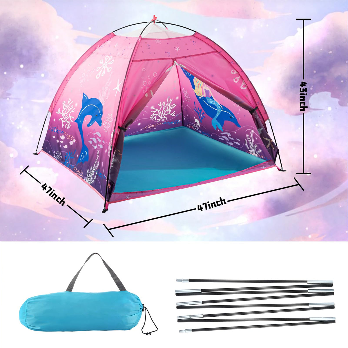 BLINWORLD mermaid tent interior view shows a light, breathable play space with mesh panels