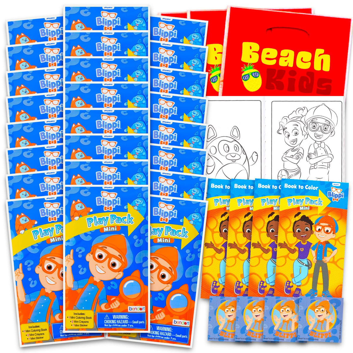 Blippi birthday party favors set with 24 play packs for kids' goodie bags and activities.