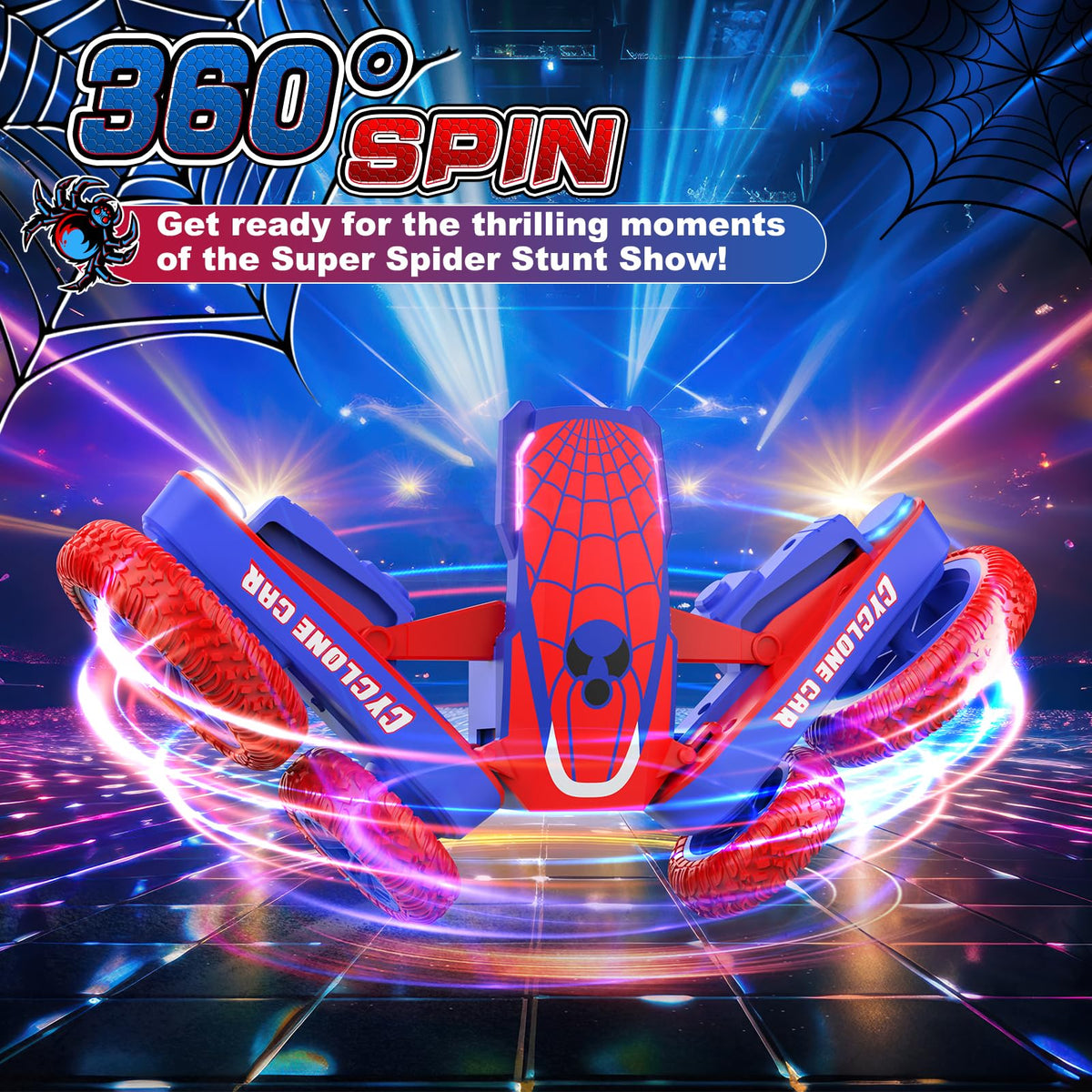 Blissbud Spider RC Car front-view stunt shots highlighting spins