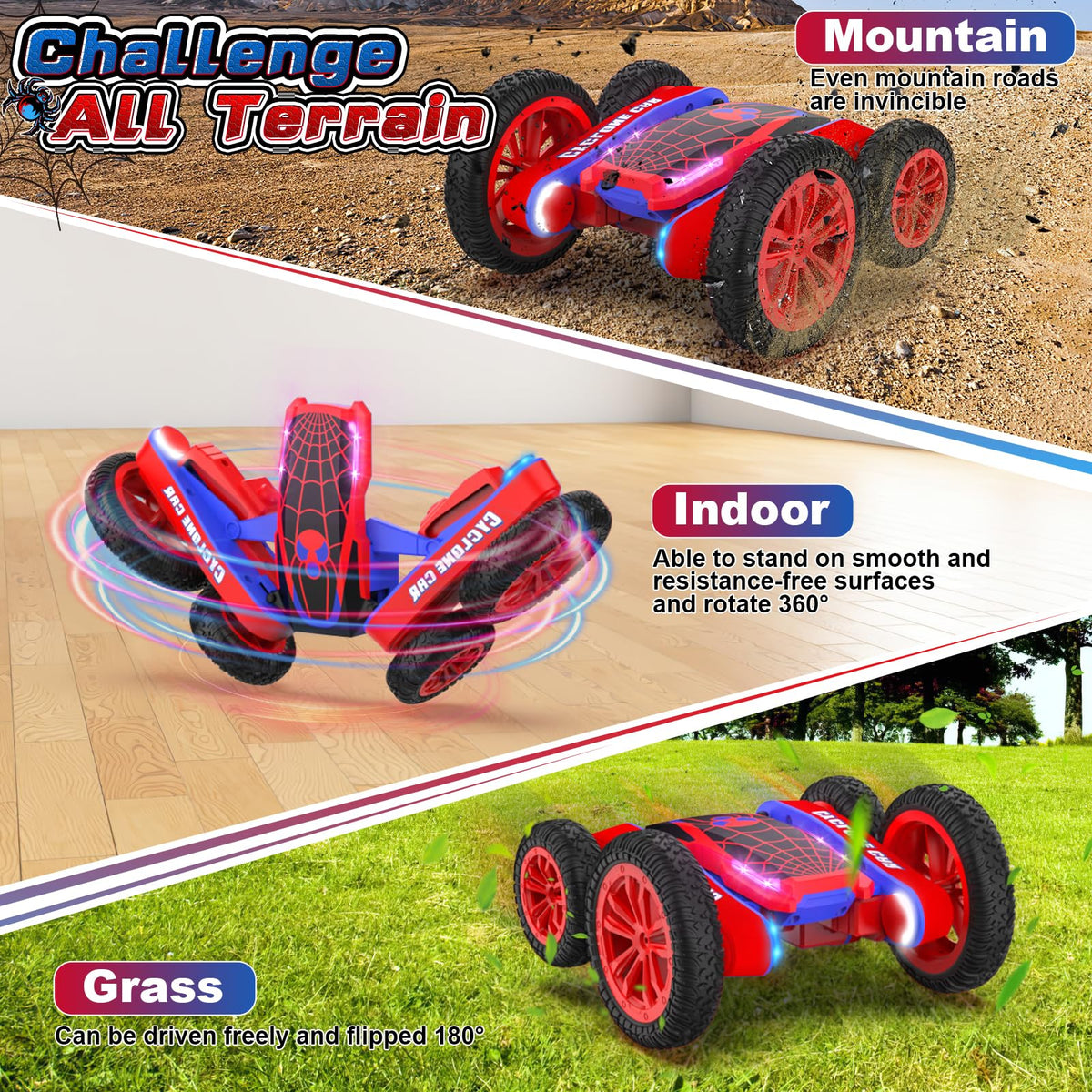 Blissbud Spider RC Car lights on for vibrant night-time visibility and excitement