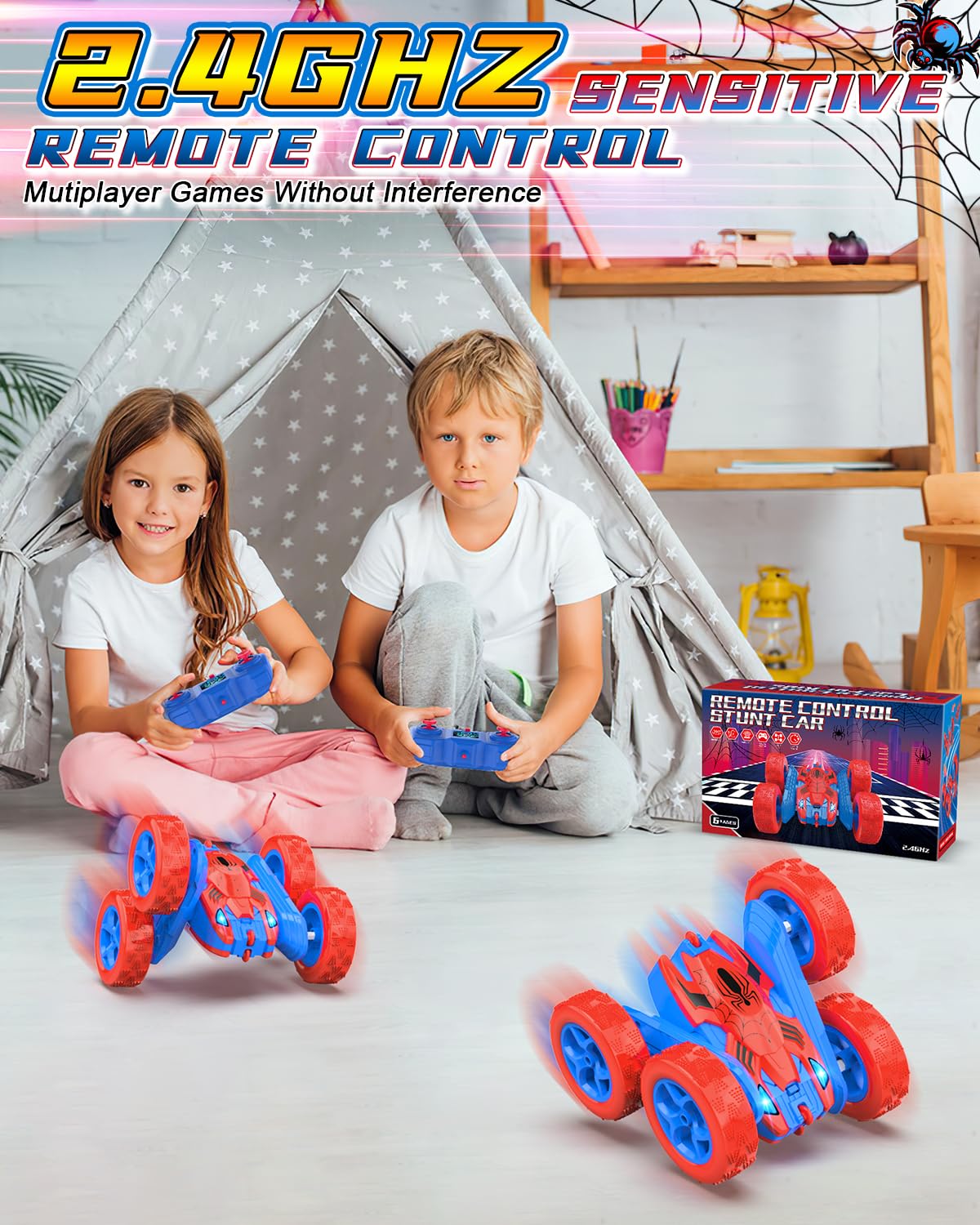 Blissbud Spider RC Car top view emphasizes compact design for indoors