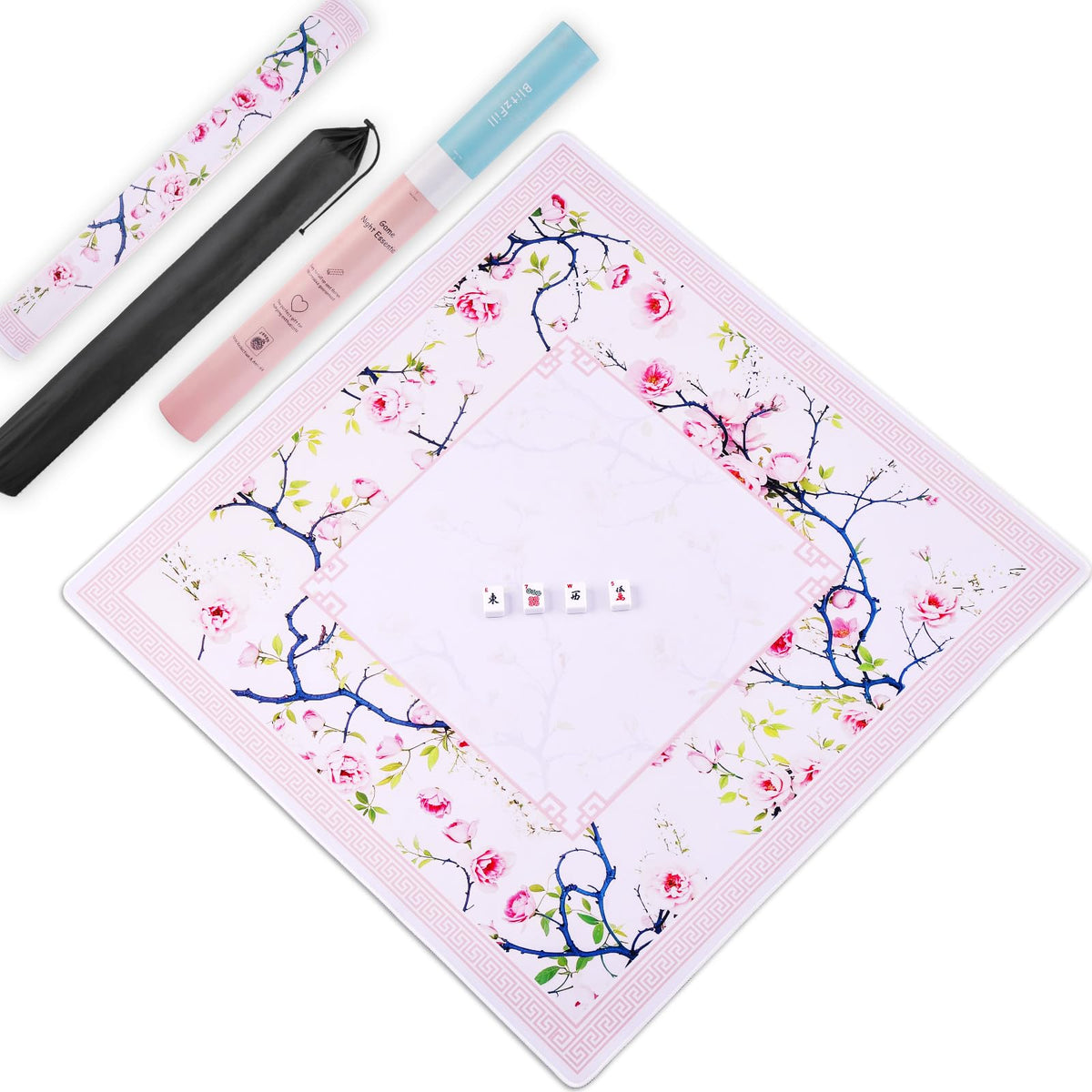 BlitzFill Mahjong Mat unfolds on table with pink design for quiet play