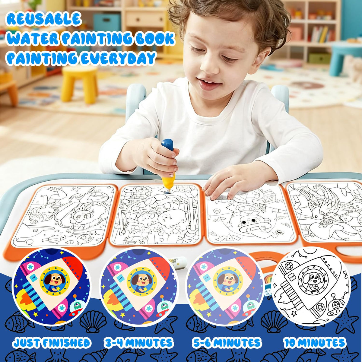 BlivEclat magic water coloring book interior scene 3 demonstrates fade-away colors