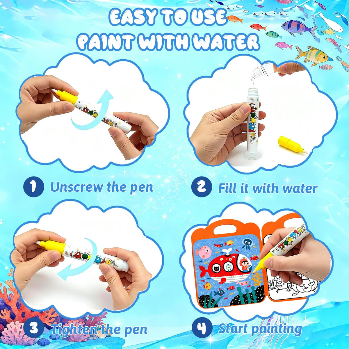BlivEclat magic water coloring book interior scene 4 features easy grip pages