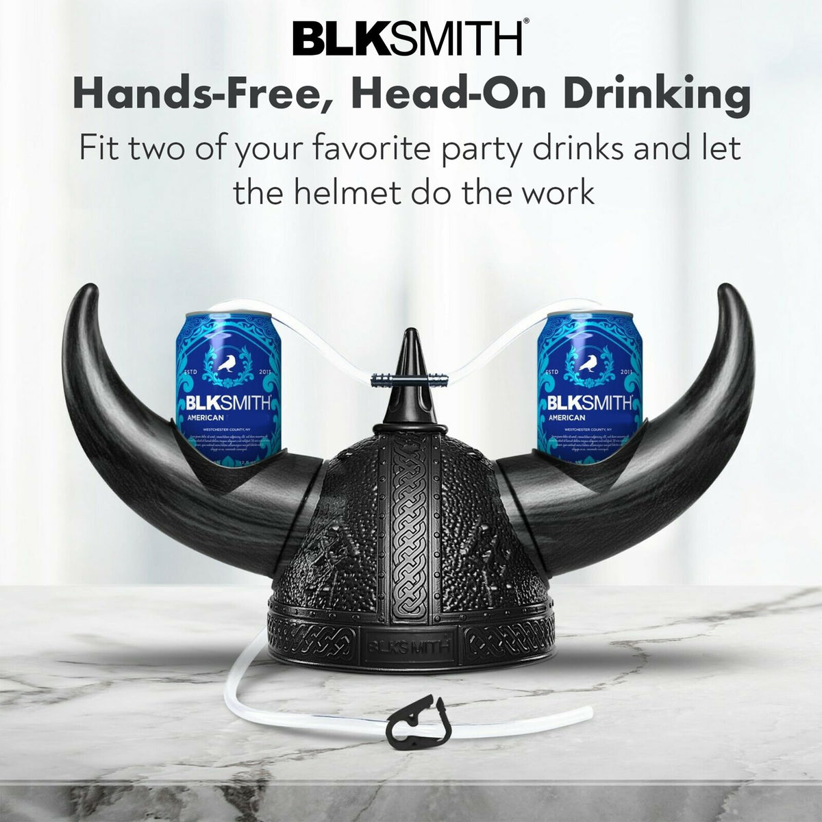 BLKSMITH dual-can drinking helmet holds two cans for easy sipping.