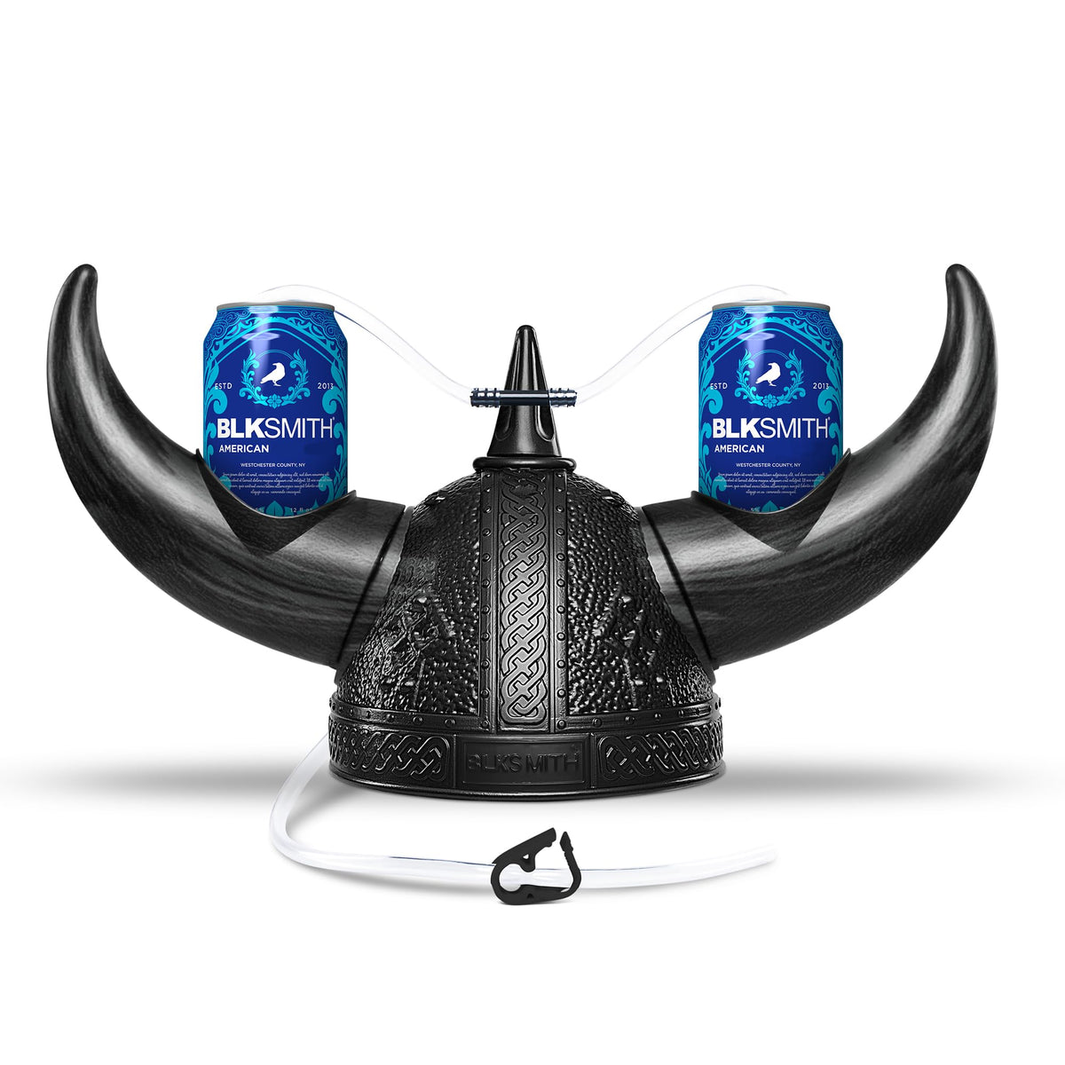BLKSMITH Viking drinking helmet with horns for hands-free sipping at parties.
