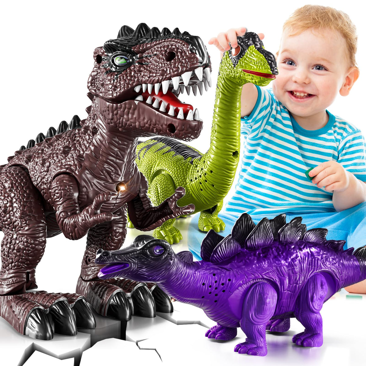 BLmukce 3-pack T-Rex walking with lights for imaginative toddler play.