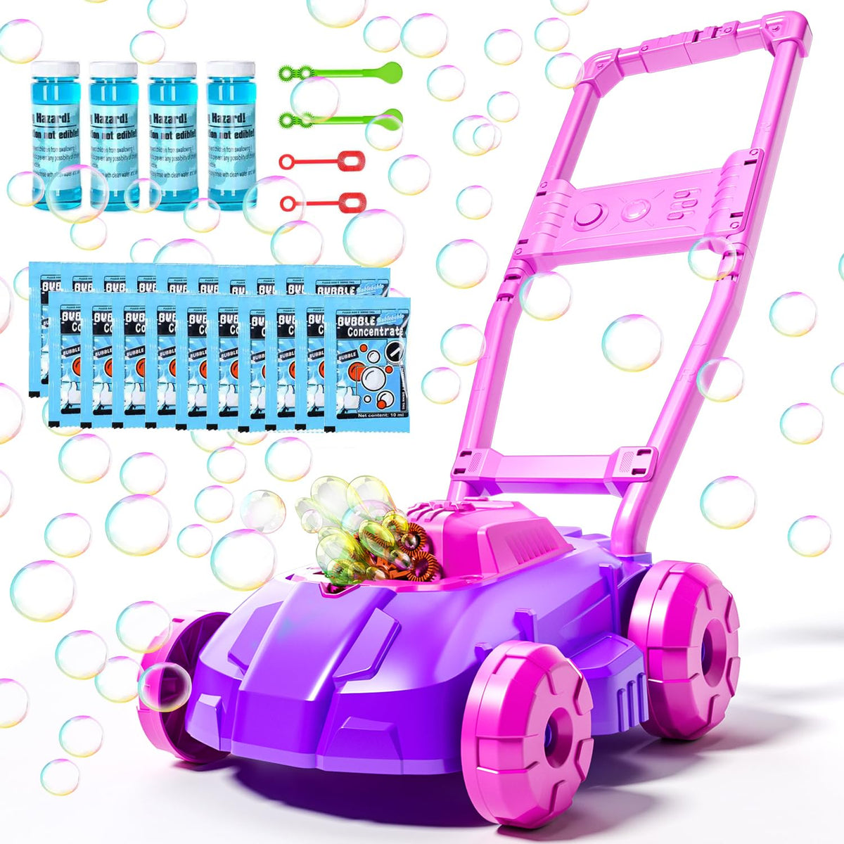 BLmukce Bubble Lawn Mower in garden play boosts active walking and imaginative pretend mowing.