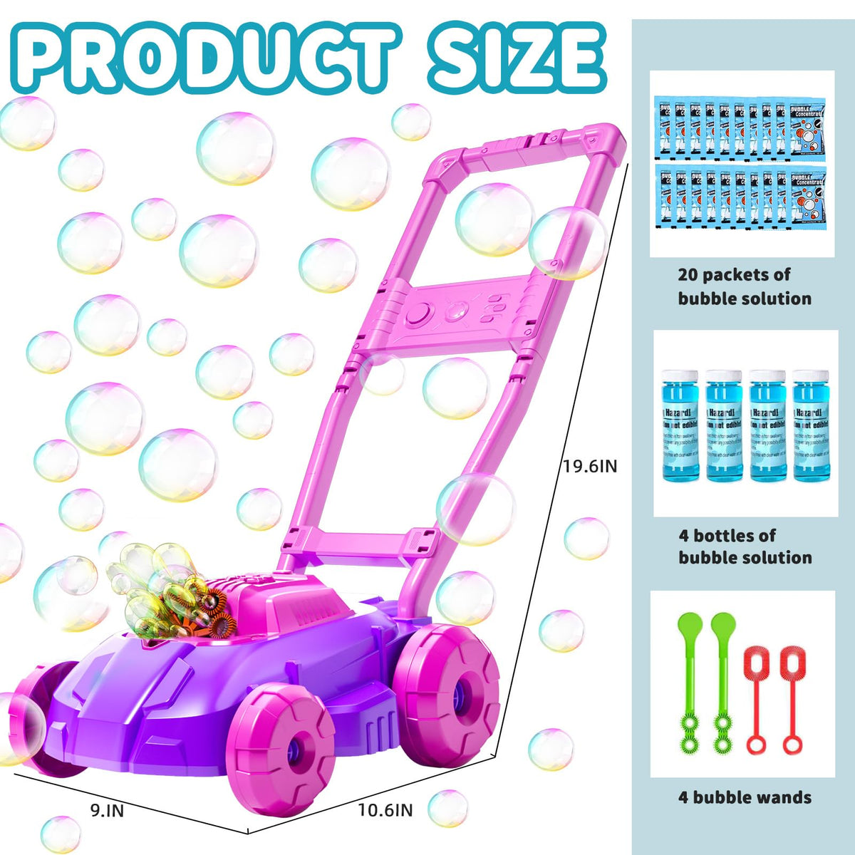 BLmukce Bubble Lawn Mower wheels create realistic sounds to enhance active play.