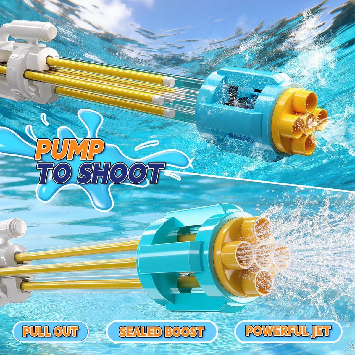 BLmukce water gun demonstrating up to 50 feet long-range spray for outdoor battles.